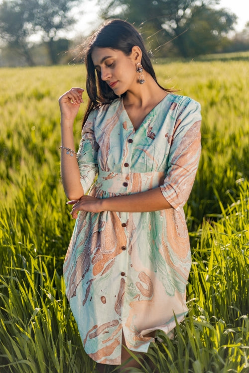 Flow Rust Pure Cotton Handmarble Printed Dress For Women Online