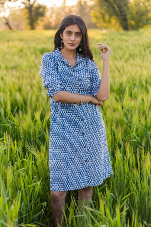 Blue Bell Pure Cotton Hand Block Printed Dress For Women Online – Okhaistore