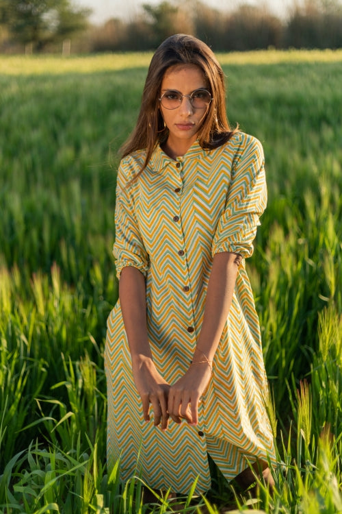 Shinning Zigzag Pure Cotton Hand Block Printed Dress For Women Online