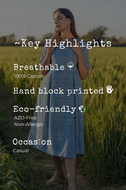 Sootisyahi 'Sea Blue' Azofree Handblock Printed Pure Cotton Dress