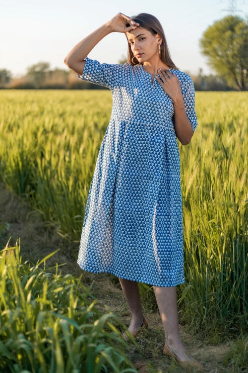 Sea Blue Pure Cotton Hand Block Printed Dress For Women Online