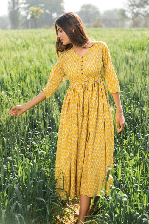 Mustard Medow Pure Cotton Hand Block Printed Dress For Women Online