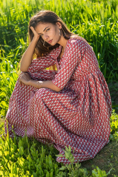 Mesmerizing Maroon Pure Cotton Hand Block Printed Dress For Women