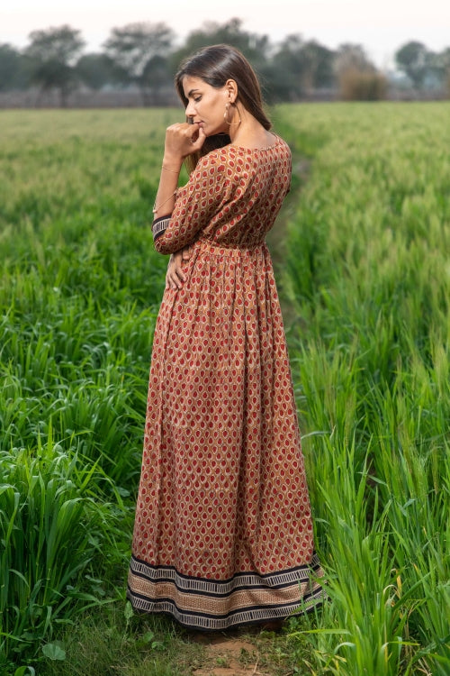 Earthen Bliss Pure Cotton Hand Block Printed Dress For Women Online