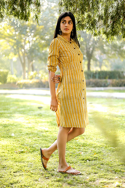 Stripe-n-Stairs Pure Cotton Hand Block Printed Dress For Women Online