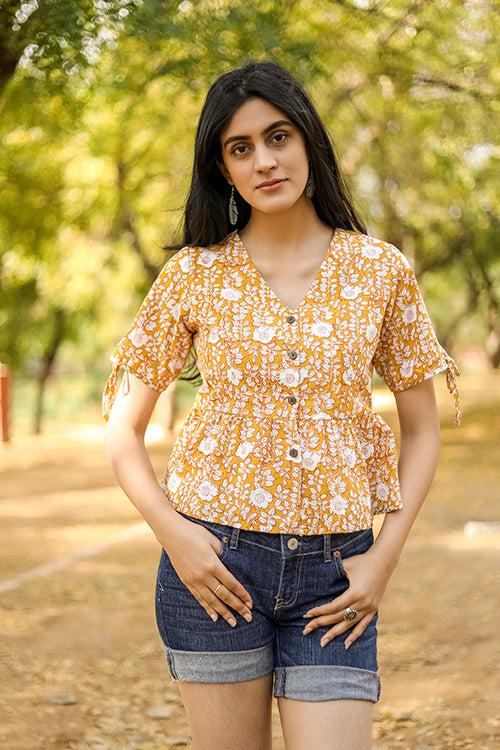 Sootisyahi 'Delighting Daffodils' Azofree Handblock Printed Pure Cotton Crop Top