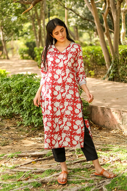 Hidden Hibiscus Block Printed Cotton Kurta For Women Online