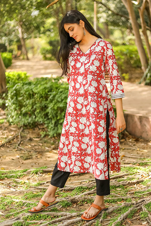 Sootisyahi 'Hidden Hibiscus' Azofree Handblock Printed Pure Cotton Kurti