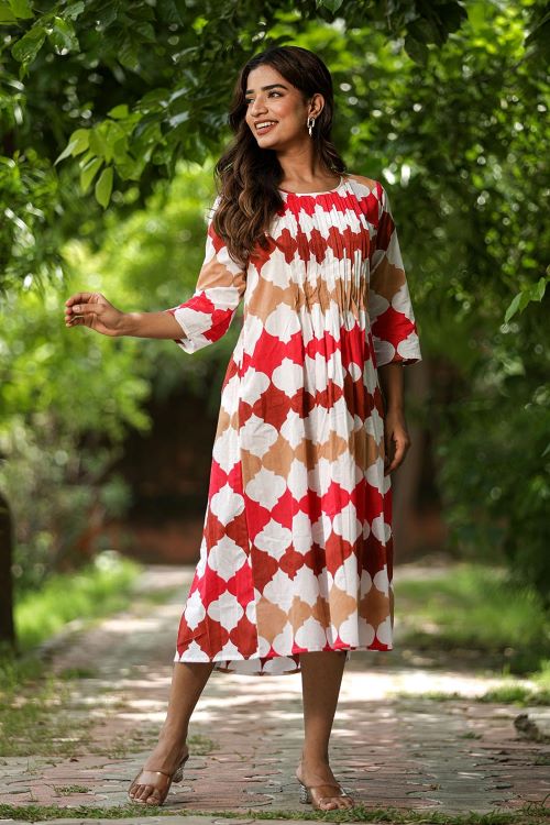 A Colourful Vibe Pure Cotton Hand Block Printed Dress For Women Online