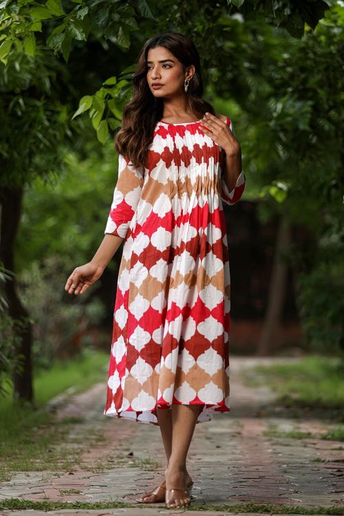 A Colourful Vibe Pure Cotton Hand Block Printed Dress For Women Online
