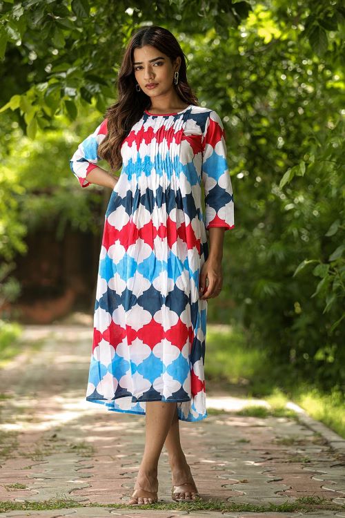 Valley Of Flowers Pure Cotton Hand Block Printed Dress For Women Online