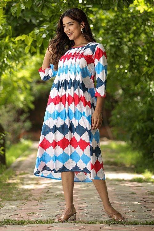 Valley Of Flowers Pure Cotton Hand Block Printed Dress For Women Online