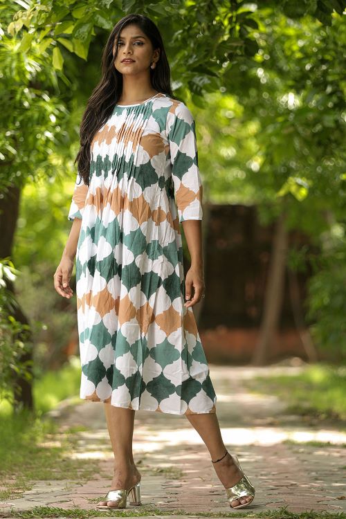 Earthy Fall Pure Cotton Hand Block Printed Dress For Women Online