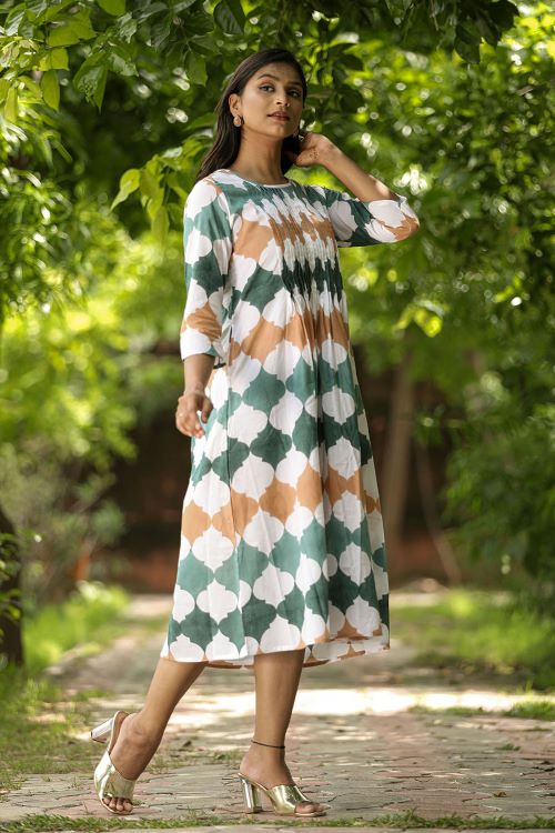 Earthy Fall Pure Cotton Hand Block Printed Dress For Women Online