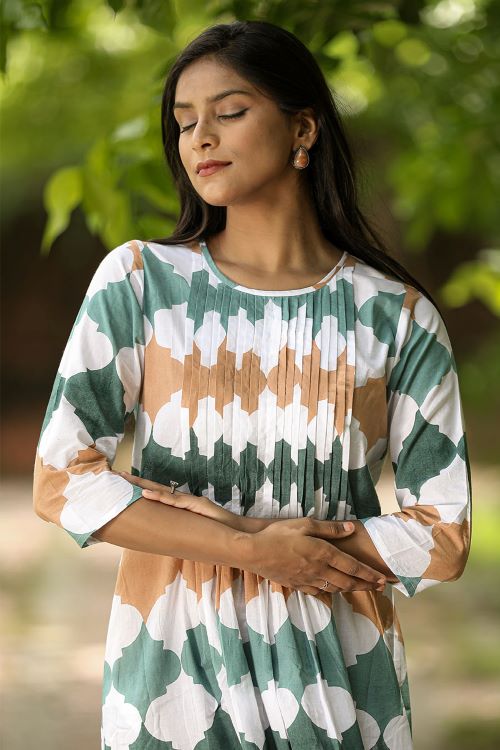SootiSyahi'EarthyFall'BlockPrintedCottonDress
