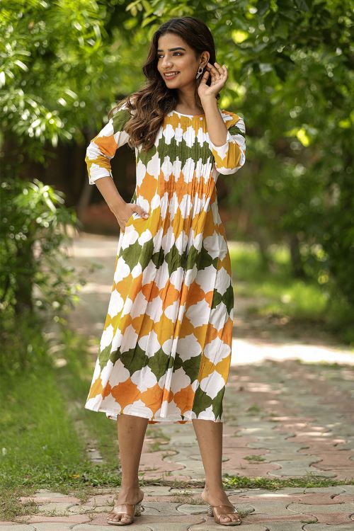 Metallic Mystery Pure Cotton Hand Block Printed Dress For Women Online