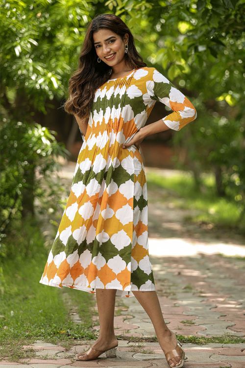 Metallic Mystery Pure Cotton Hand Block Printed Dress For Women Online