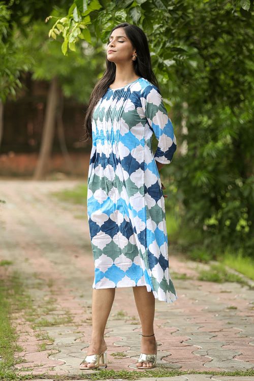 Colourful Azure Pure Cotton Hand Block Printed Dress For Women Online