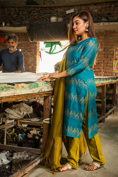 SootiSyahi Ashavari Block Print Chanderi Silk Kurti For Women Online
