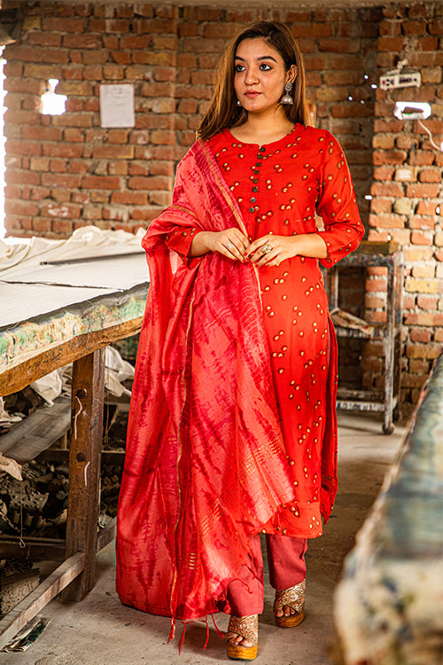 SootiSyahi Kedar Red Block Print Chanderi Silk Kurti For Women Online