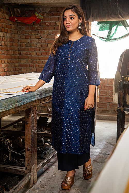 SootiSyahi Malhar Block Print Chanderi Silk Kurti For Women Online