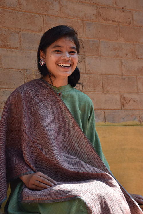 Avani Kumaon Pure Linen Stole | Dark Orange And Grey Striped