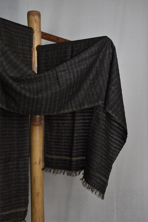 Avani Kumaon Silk & Woolen Striped Patterned Stole | Black & Yellow