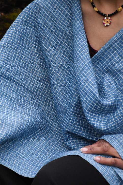Avani Kumaon Linen & Silk Stole | Indigo With White Checks