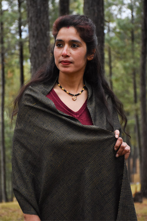 Avani Kumaon Pure Eri Silk Stole | Black With Golden Checks