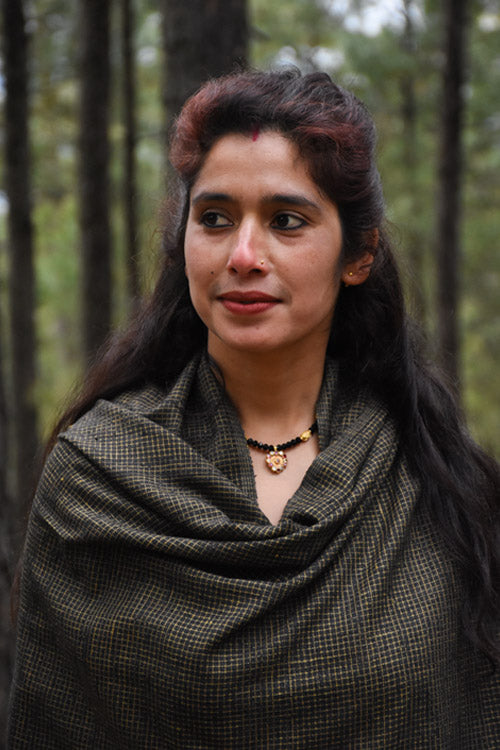 Avani Kumaon Pure Eri Silk Stole | Black With Golden Checks