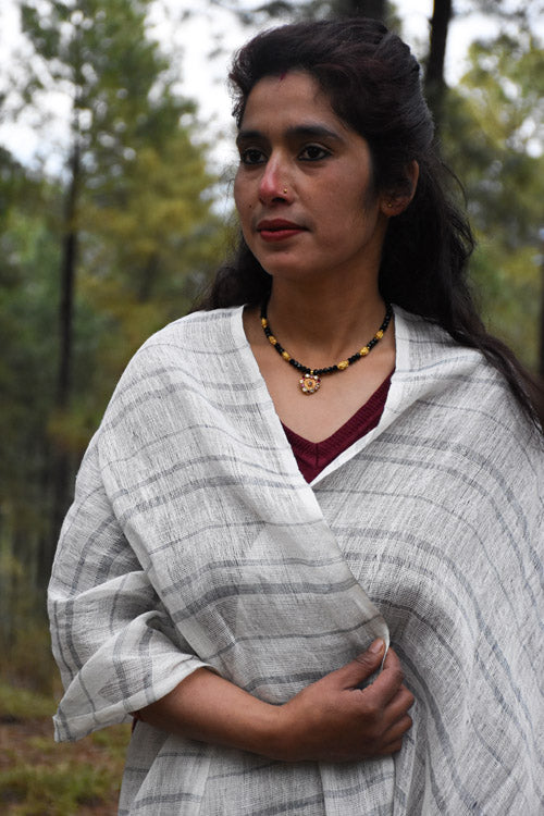 Avani Kumaon Pure Linen Stole | White With Indigo Stripes