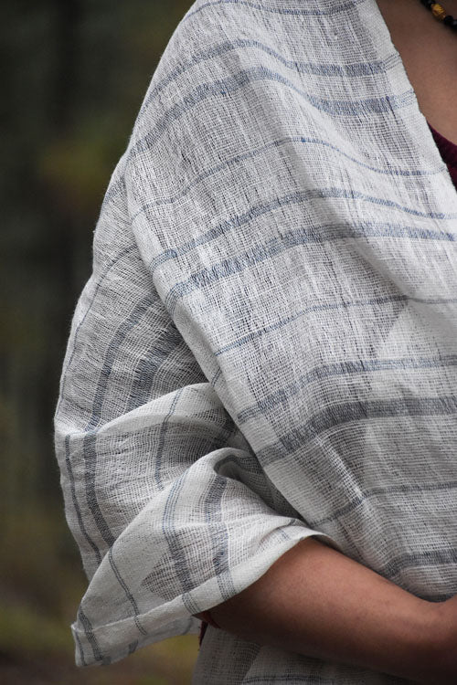Avani Kumaon Pure Linen Stole | White With Indigo Stripes