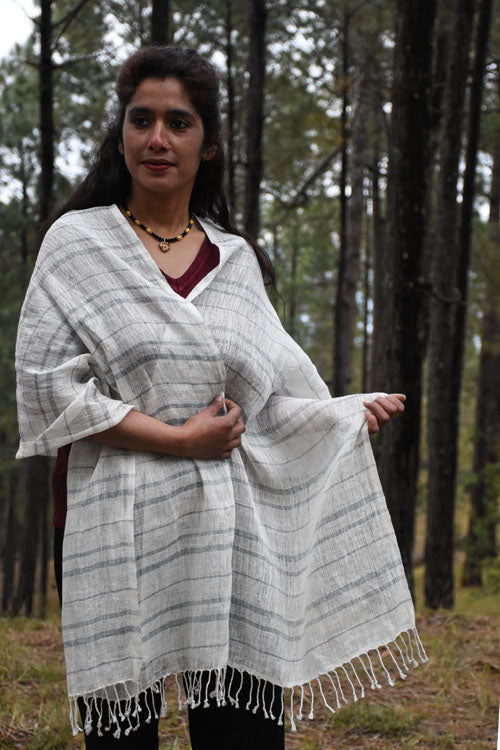 Avani Kumaon Pure Linen Stole | White With Indigo Stripes