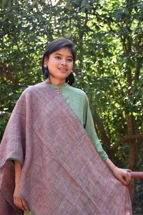Avani Kumaon Pure Linen Stole | Dark Orange And Grey Striped