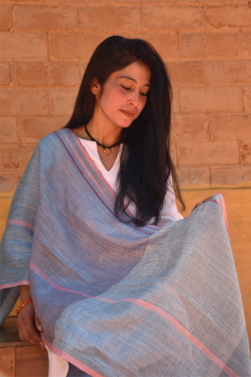 Avani Kumaon Pure Linen Stole | Indigo With Pink & Violet Border