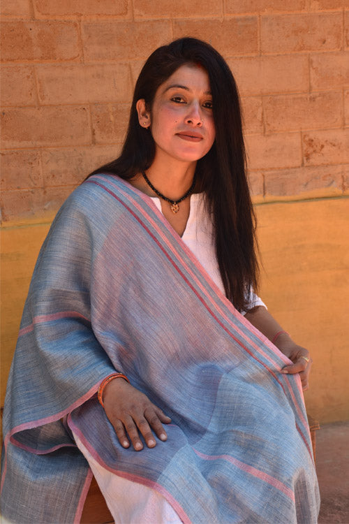 Pure Linen Stole | Indigo With Pink & Violet Border