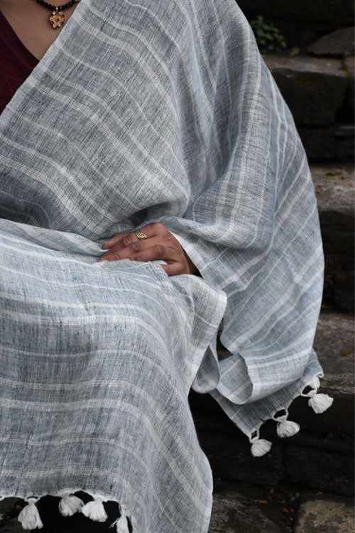 Avani Kumaon Pure Linen Stole | Indigo With White Stripes