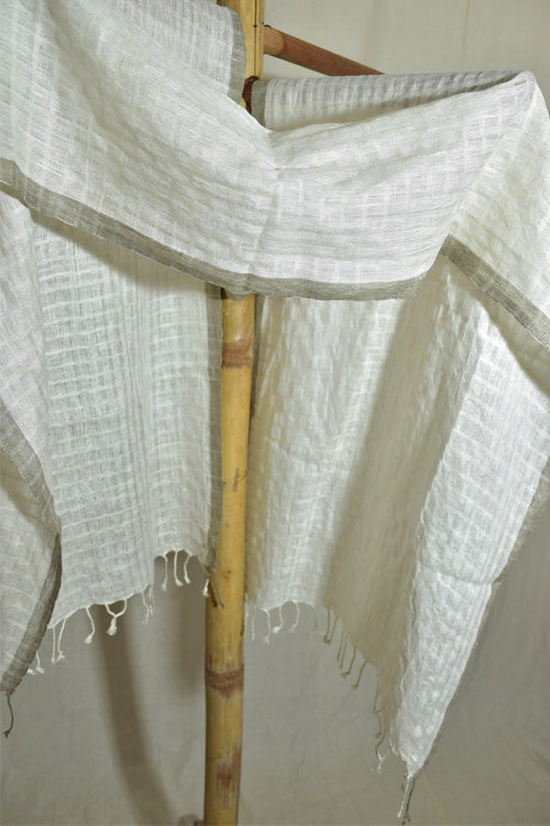 Avani Kumaon Silk Linen Stole | White With Grey Border