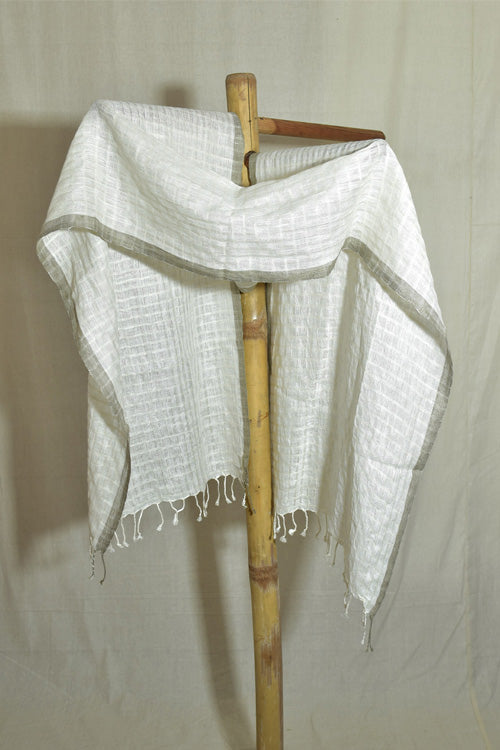 Avani Kumaon Silk Linen Stole | White With Grey Border