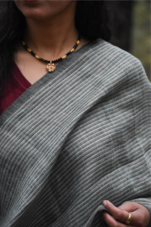 Avani Kumaon Pure Linen Stole | Black With Grey & Green Stripes
