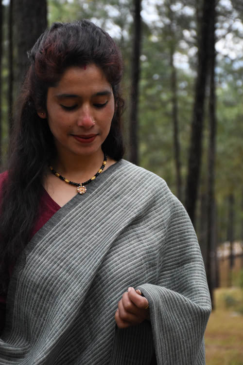 Avani Kumaon Pure Linen Stole | Black With Grey & Green Stripes