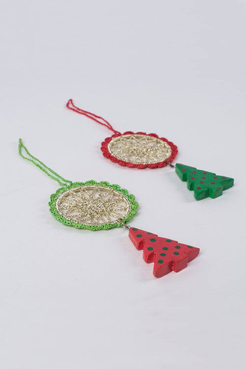 Samoolam Handmade Christmas Tree Decorations ~ Red & Green Dreamcatcher Tree (Set Of 2)