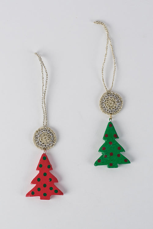 Samoolam Handmade Red & Green Tikki Wooden Christmas Tree Decorations Item Online