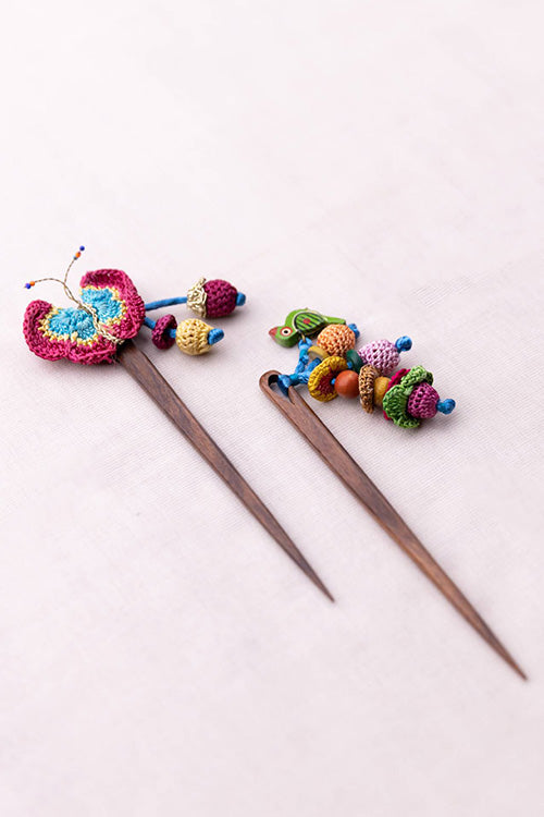 Samoolam Handmade Crochet Hairstick ~ Butterfly & Bird - Pair
