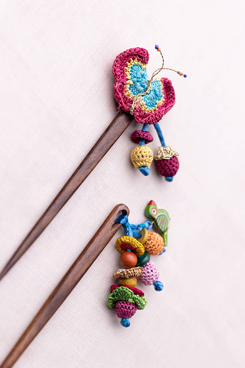 Samoolam Handmade Crochet Hairstick ~ Butterfly & Bird - Pair