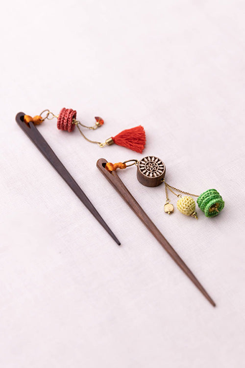 Samoolam Handmade Crochet Hairstick ~ Woodblock Flowers Multicolour - Pair