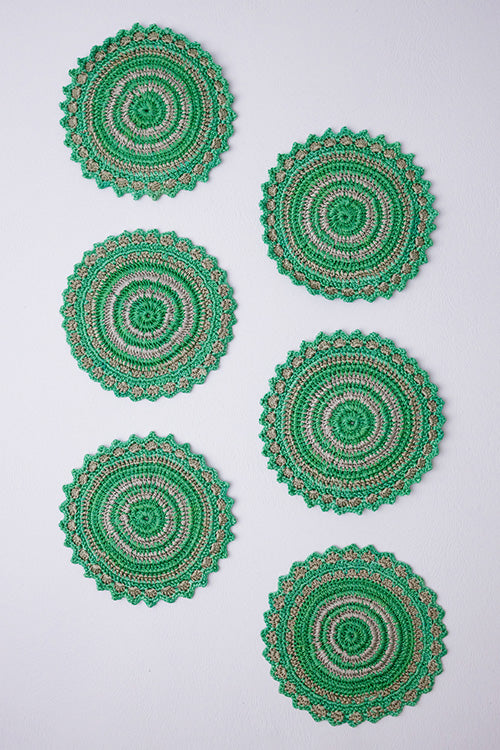 Samoolam Handmade Crochet Table Coasters ~ Green - Set of 6