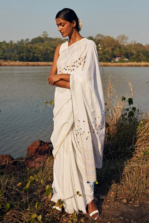 Okhai 'Heaven' Hand Embroidered Mirror Work Pure Cotton Saree