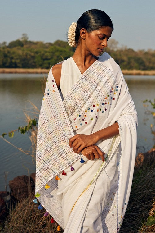 Okhai 'Heaven' Hand Embroidered Mirror Work Pure Cotton Saree