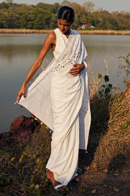 Okhai 'Heaven' Hand Embroidered Mirror Work Pure Cotton Saree